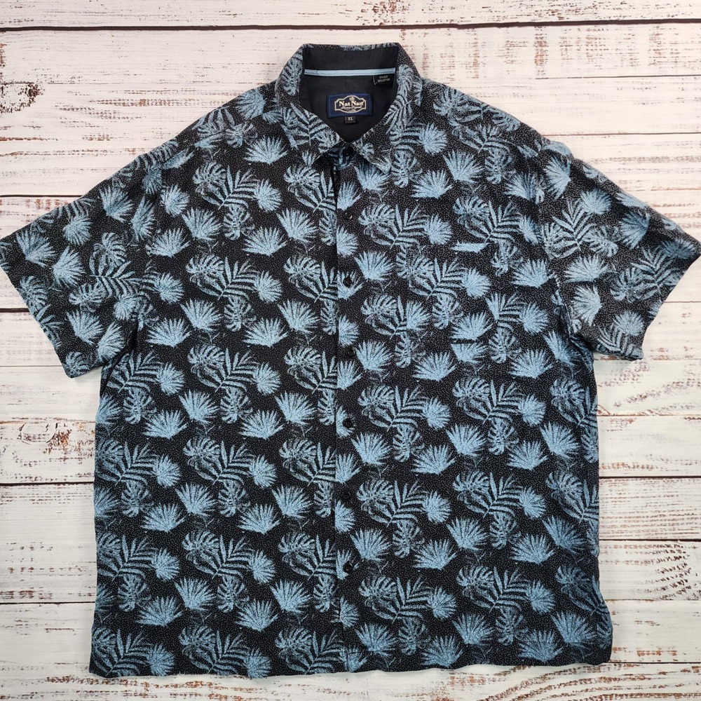 Nat Nast Silk Blend Palm Leaf Print Short Sleeve Camp Shirt Black Blue Mens XL